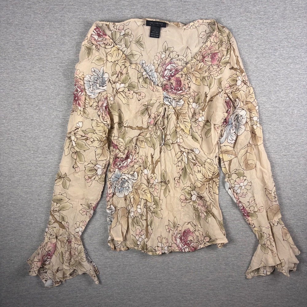 VTG Y2K Silk Babydoll Top Floral Ruffle Bell Sleeves Pink Fairy Coquette